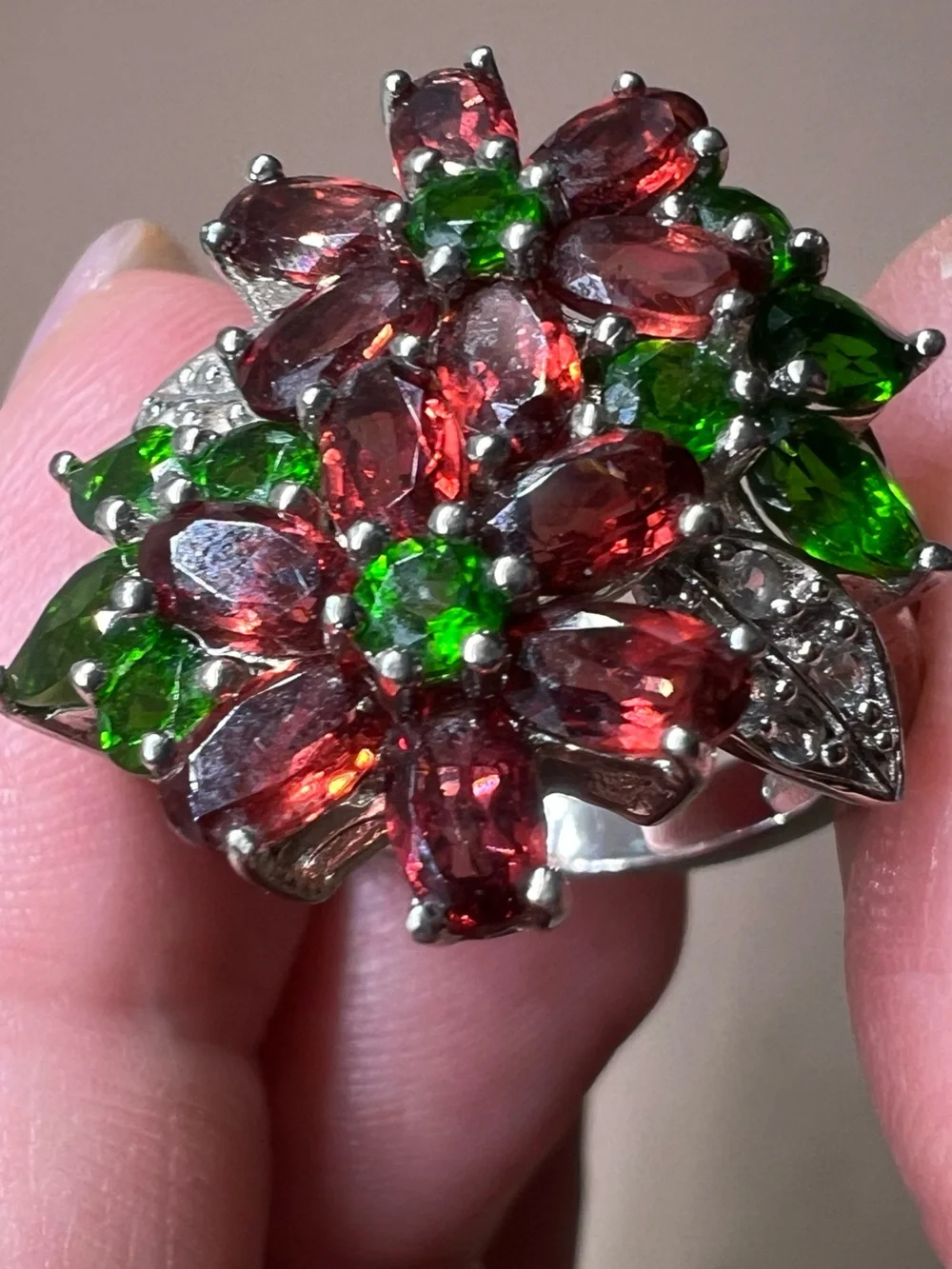 Floral Cluster Ring with Red and Green Gemstones in Sterling Silver